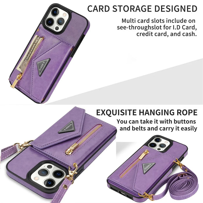 N.BEKUS For iPhone 16 Pro Max Leather Zipper Case Card Holder Phone Cover with Shoulder Strap - Purple - 6