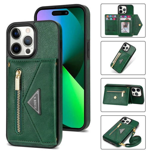 N.BEKUS For iPhone 16 Pro Case Card Slot Zipper Wallet Leather Phone Cover with Shoulder Strap - Green - 1