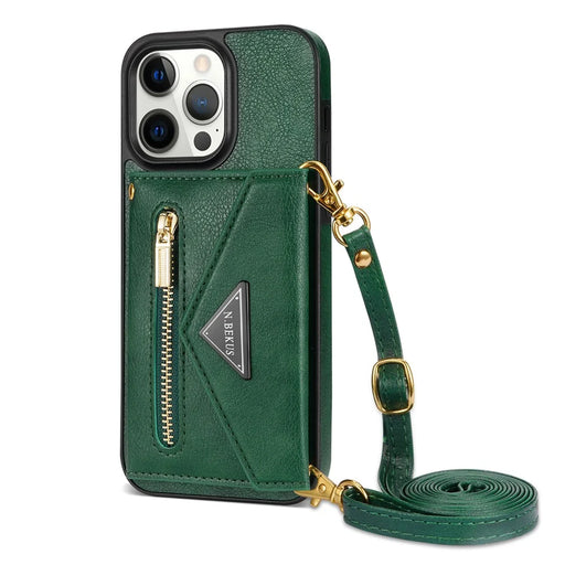 N.BEKUS For iPhone 16 Pro Case Card Slot Zipper Wallet Leather Phone Cover with Shoulder Strap - Green - 2