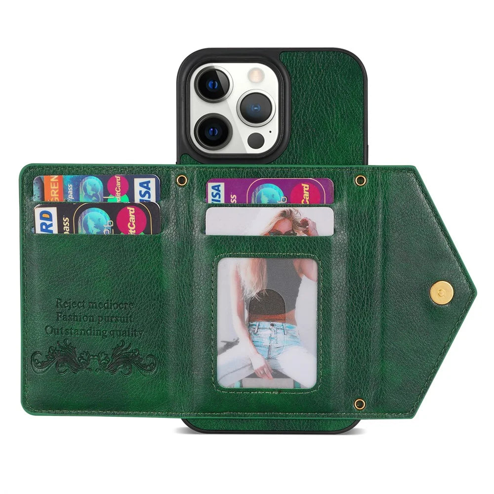 N.BEKUS For iPhone 16 Pro Case Card Slot Zipper Wallet Leather Phone Cover with Shoulder Strap - Green - 3