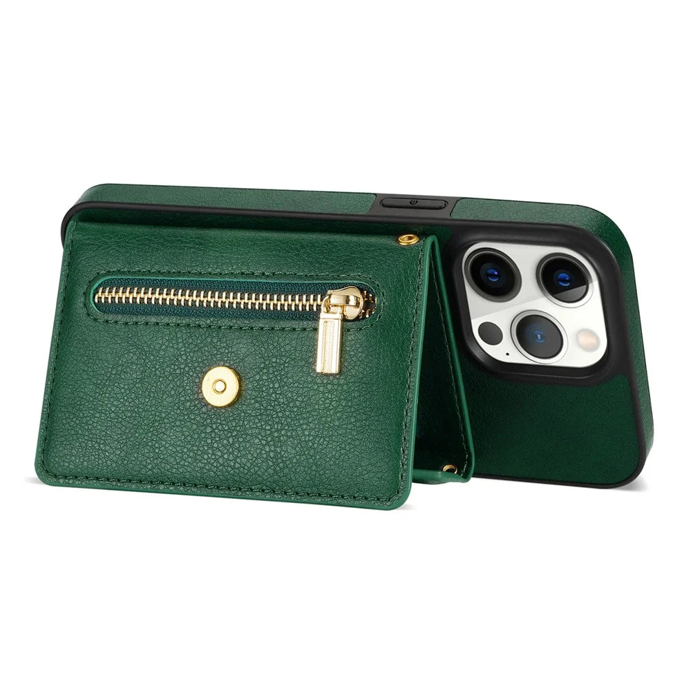 N.BEKUS For iPhone 16 Pro Case Card Slot Zipper Wallet Leather Phone Cover with Shoulder Strap - Green - 4