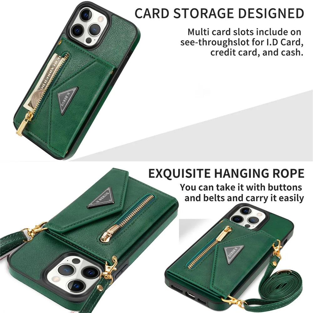 N.BEKUS For iPhone 16 Pro Case Card Slot Zipper Wallet Leather Phone Cover with Shoulder Strap - Green - 6