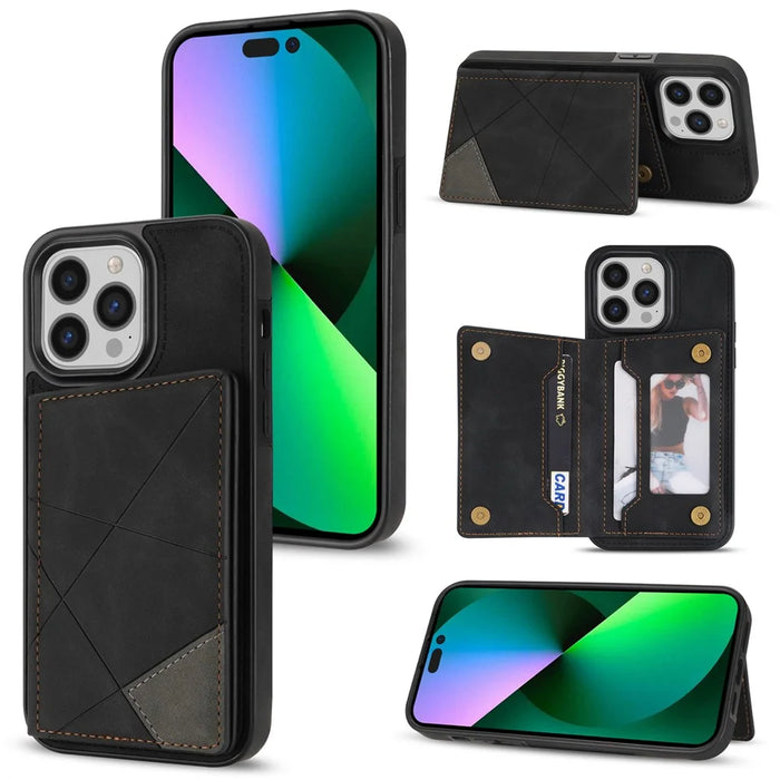 For iPhone 16 Pro Max Wallet Case Leather Phone Cover Line Imprinted Color Splicing - Black - 1