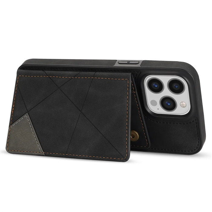 For iPhone 16 Pro Max Wallet Case Leather Phone Cover Line Imprinted Color Splicing - Black - 4