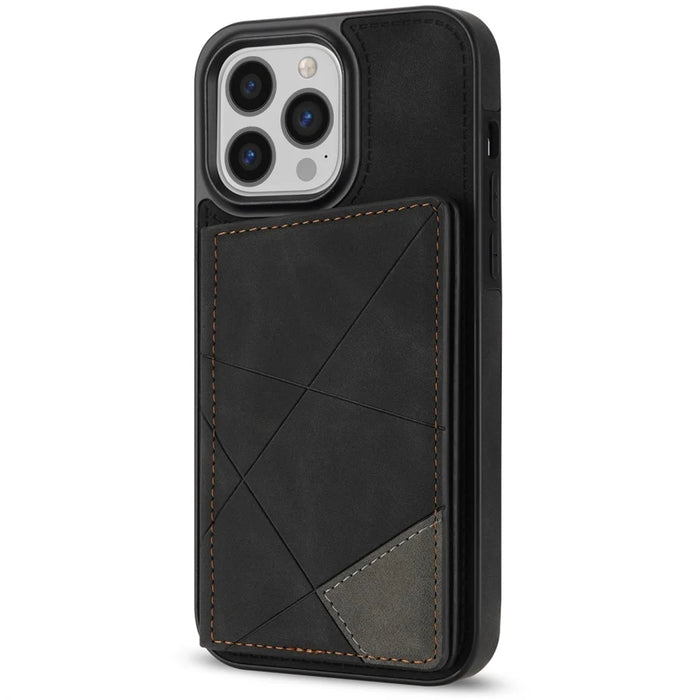 For iPhone 16 Pro Max Wallet Case Leather Phone Cover Line Imprinted Color Splicing - Black - 5