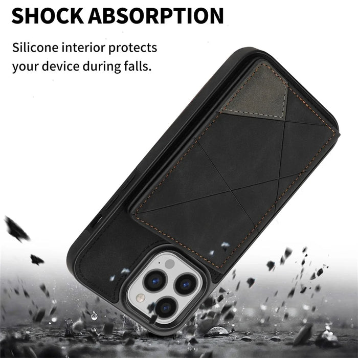 For iPhone 16 Pro Max Wallet Case Leather Phone Cover Line Imprinted Color Splicing - Black - 6