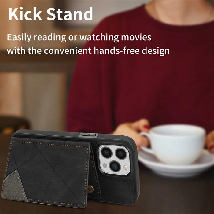 For iPhone 16 Pro Max Wallet Case Leather Phone Cover Line Imprinted Color Splicing - Black - 7