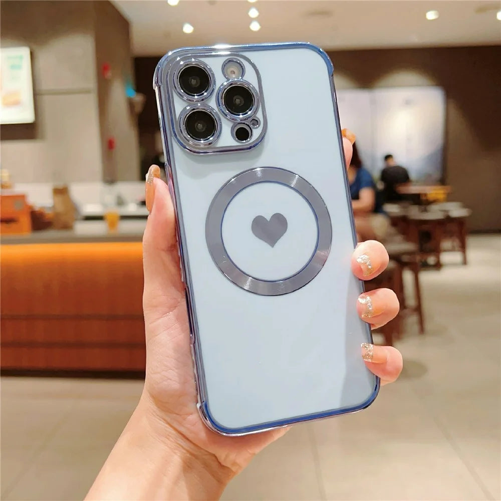 For iPhone 16 Pro Max Magnetic Case Electroplated Design Love Heart TPU Phone Cover - Blue - 2