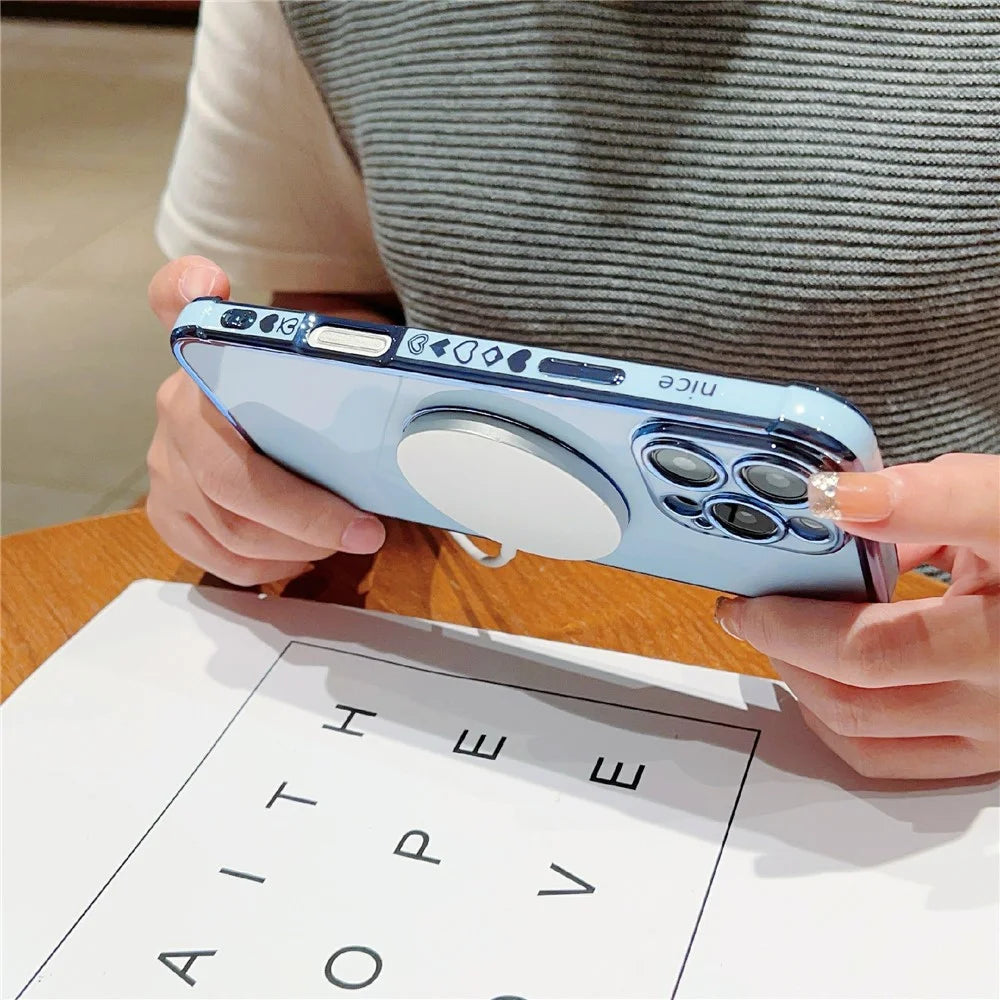 For iPhone 16 Pro Max Magnetic Case Electroplated Design Love Heart TPU Phone Cover - Blue - 3