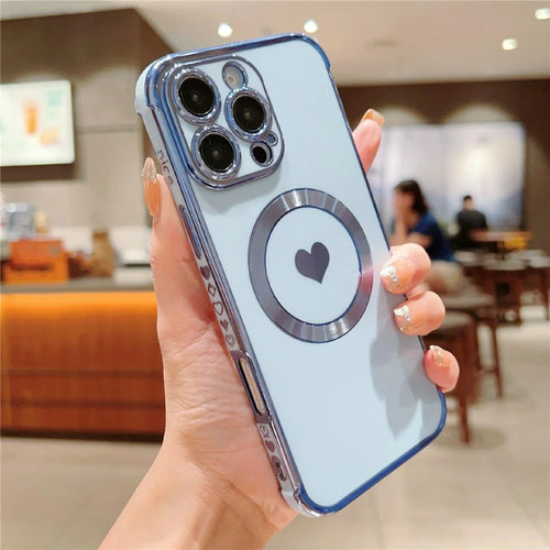 For iPhone 16 Pro Magnetic Case Electroplating Soft TPU Cover with Cute Love Heart - Blue - 1
