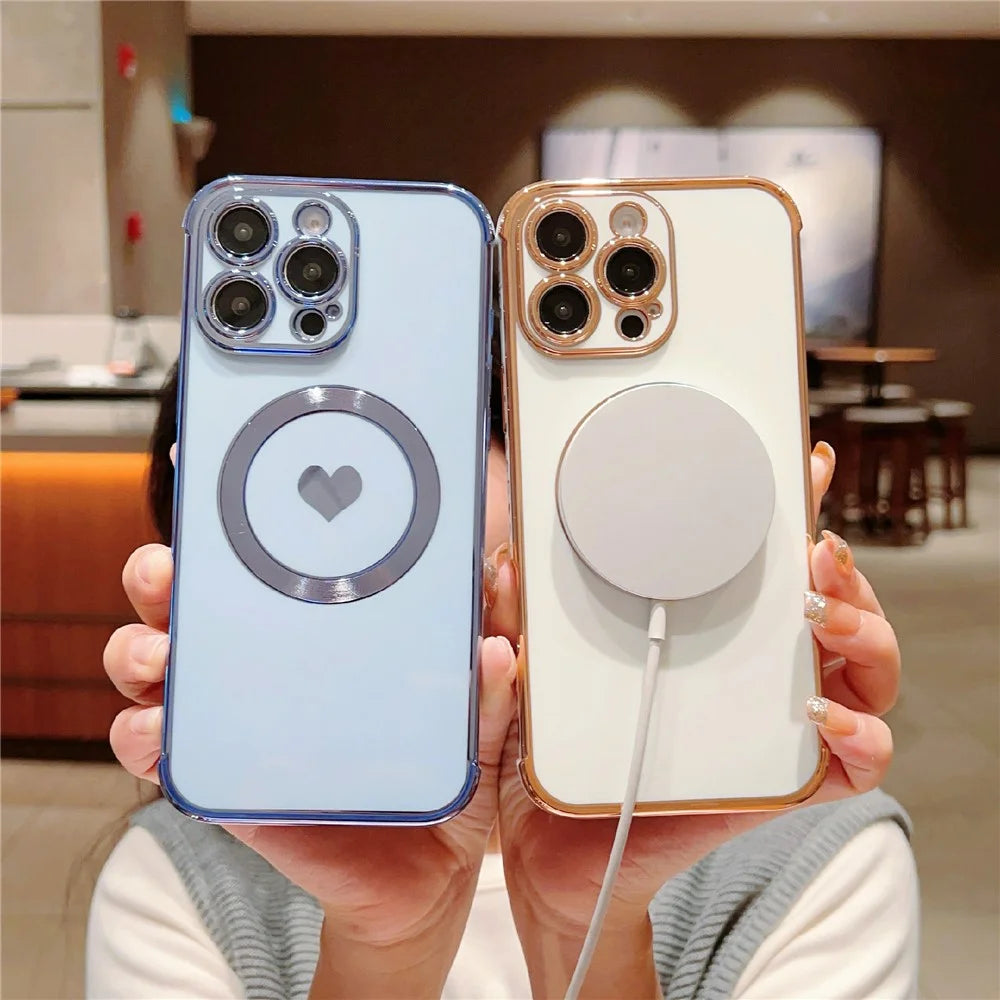 For iPhone 16 Pro Magnetic Case Electroplating Soft TPU Cover with Cute Love Heart - Blue - 4