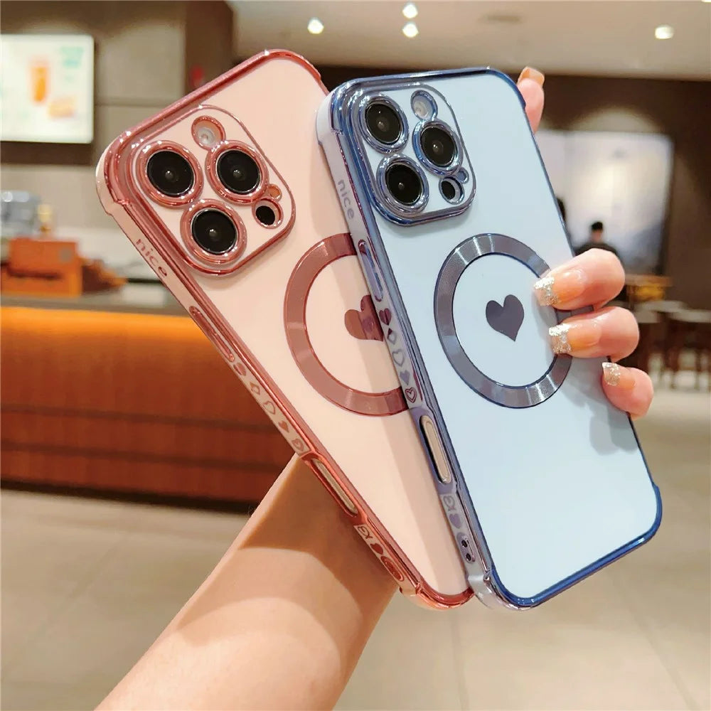 For iPhone 16 Pro Magnetic Case Electroplating Soft TPU Cover with Cute Love Heart - Blue - 5