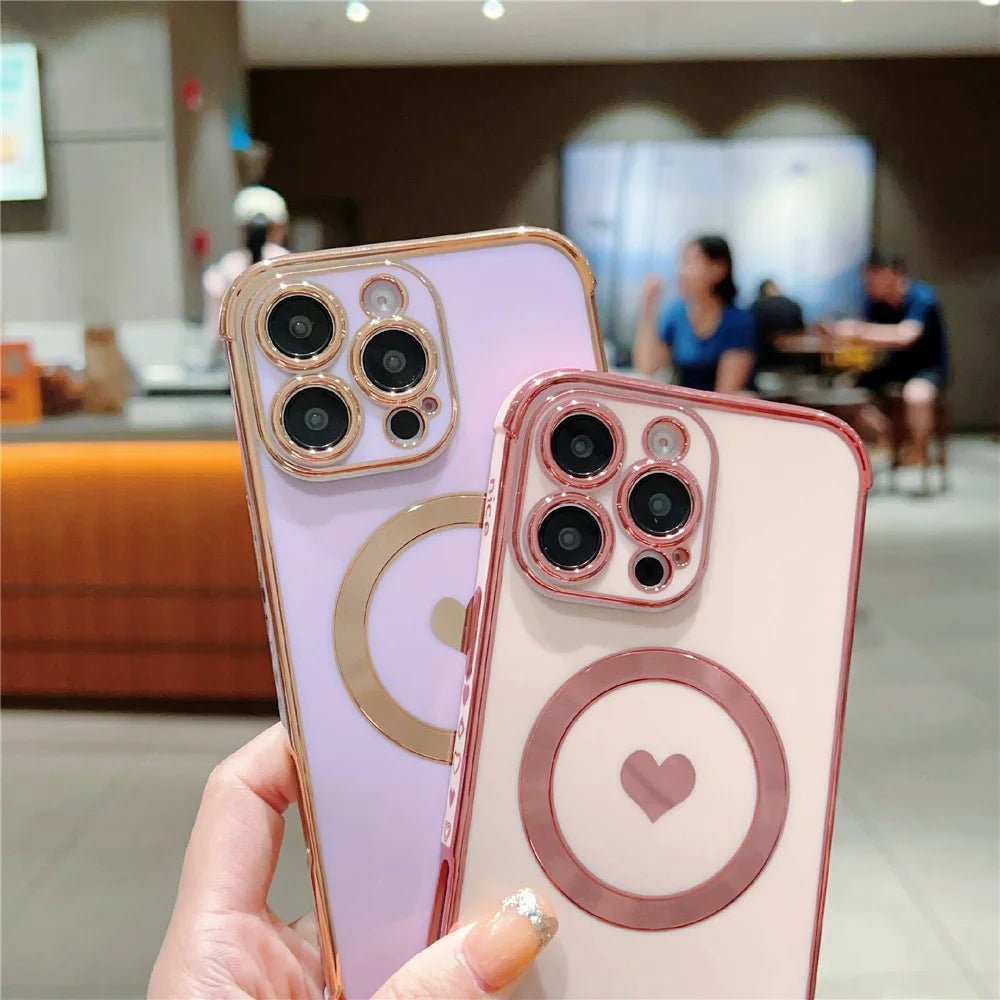For iPhone 16 Pro Magnetic Case Electroplating Soft TPU Cover with Cute Love Heart - Blue - 6