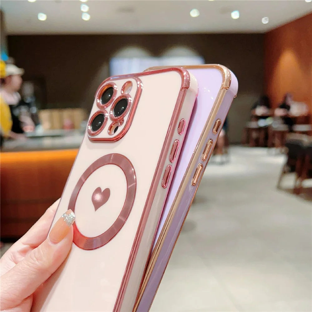 For iPhone 16 Pro Magnetic Case Electroplating Soft TPU Cover with Cute Love Heart - Blue - 7