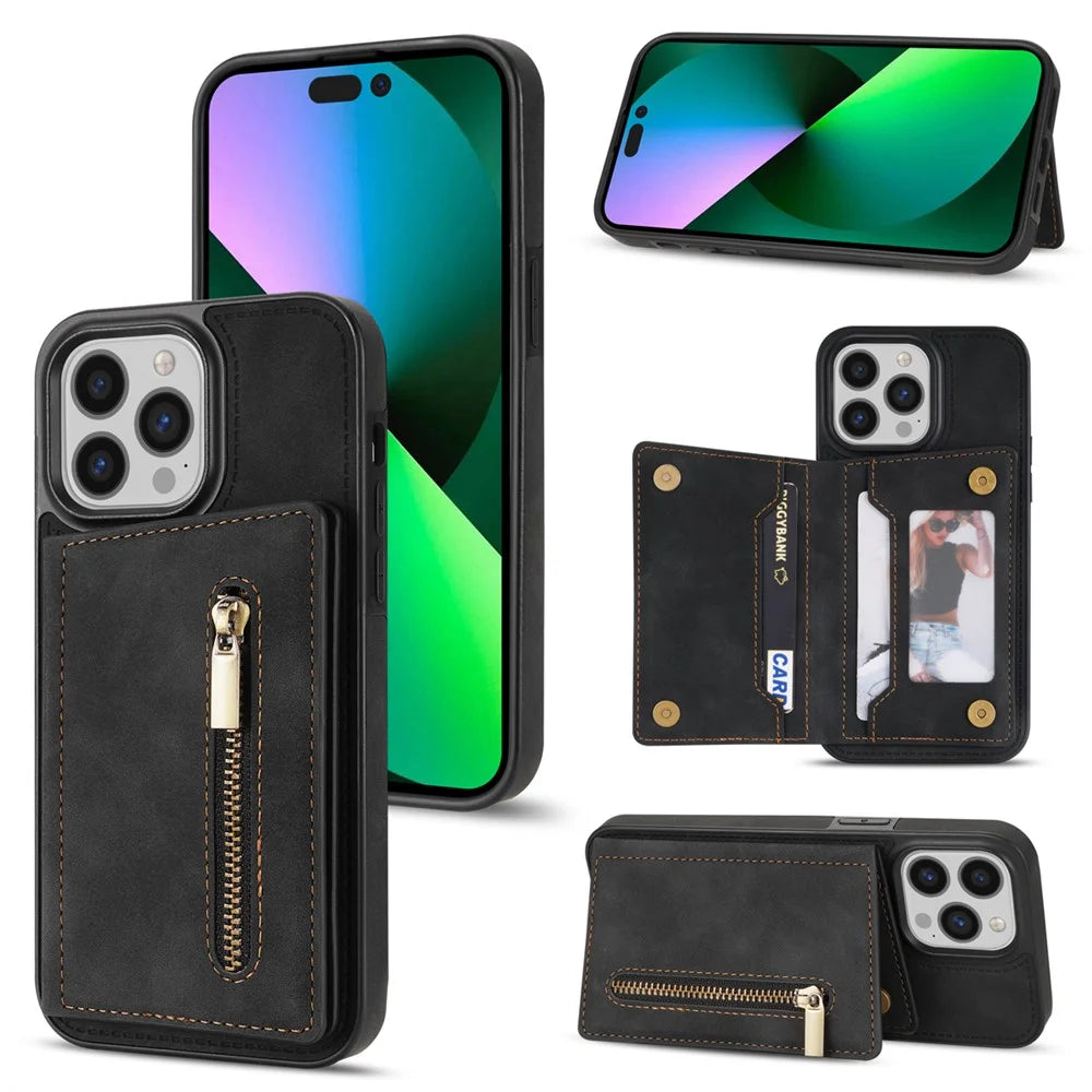 For iPhone 16 Pro Case Zipper Pocket Wallet Kickstand Phone Guard Cover - Black - 1