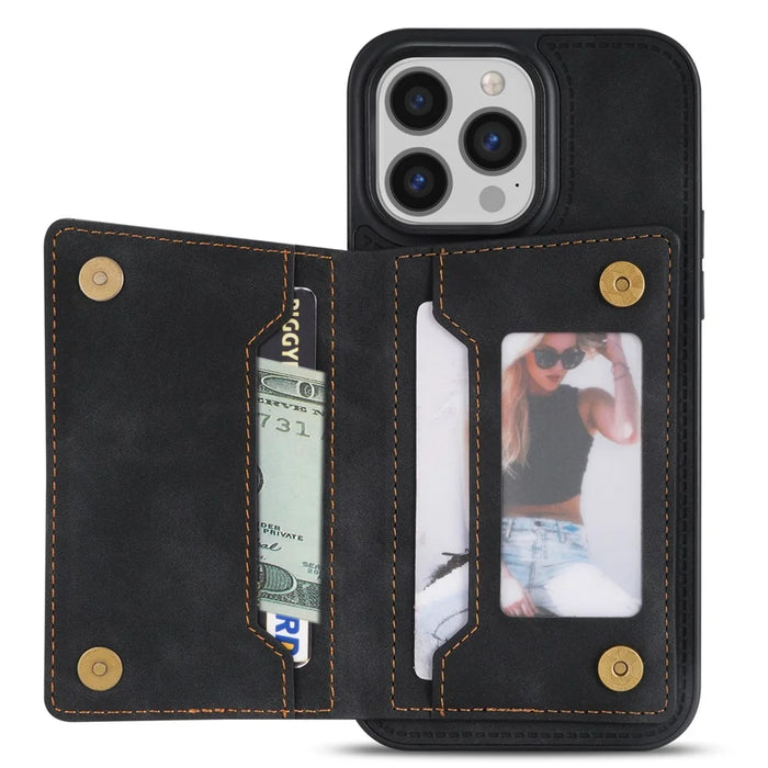 For iPhone 16 Pro Case Zipper Pocket Wallet Kickstand Phone Guard Cover - Black - 2