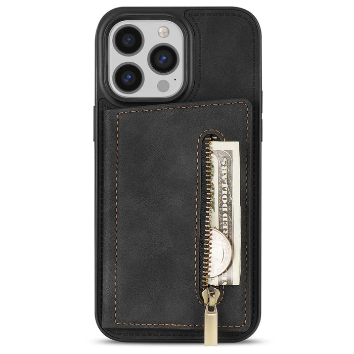 For iPhone 16 Pro Case Zipper Pocket Wallet Kickstand Phone Guard Cover - Black - 5