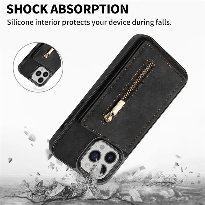 For iPhone 16 Pro Case Zipper Pocket Wallet Kickstand Phone Guard Cover - Black - 6