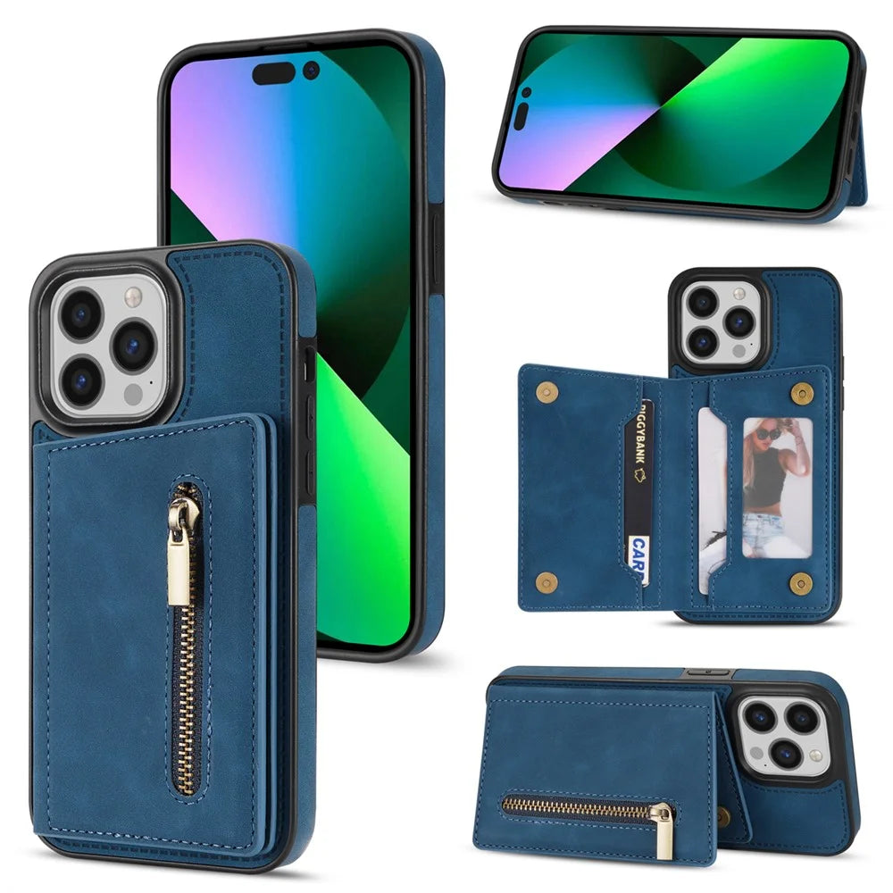 For iPhone 16 Pro Max Case Zipper Wallet Kickstand PU+TPU Phone Cover - Blue - 1