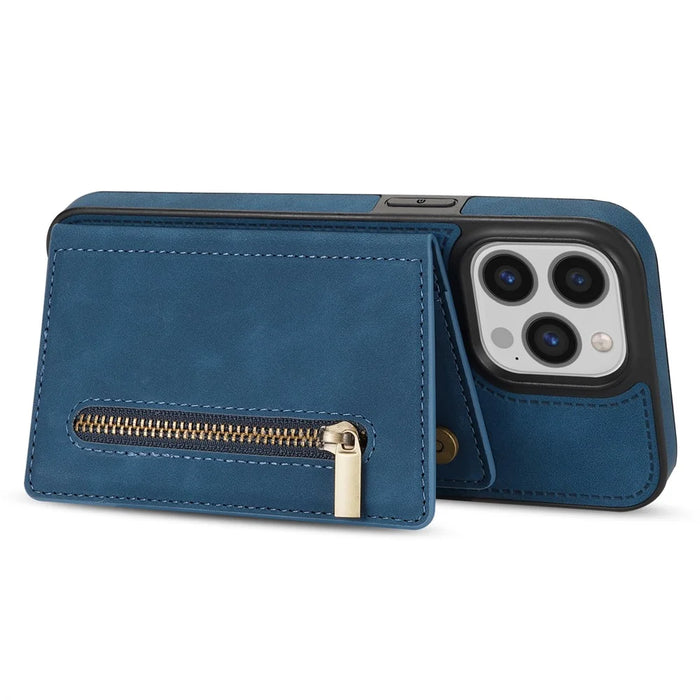 For iPhone 16 Pro Max Case Zipper Wallet Kickstand PU+TPU Phone Cover - Blue - 4