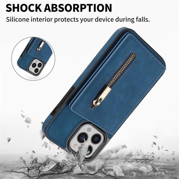 For iPhone 16 Pro Max Case Zipper Wallet Kickstand PU+TPU Phone Cover - Blue - 6