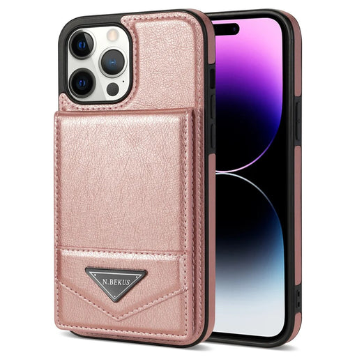 N.BEKUS For iPhone 16 Pro Case Leather+TPU Kickstand Phone Cover with Card Holder - Pink - 1