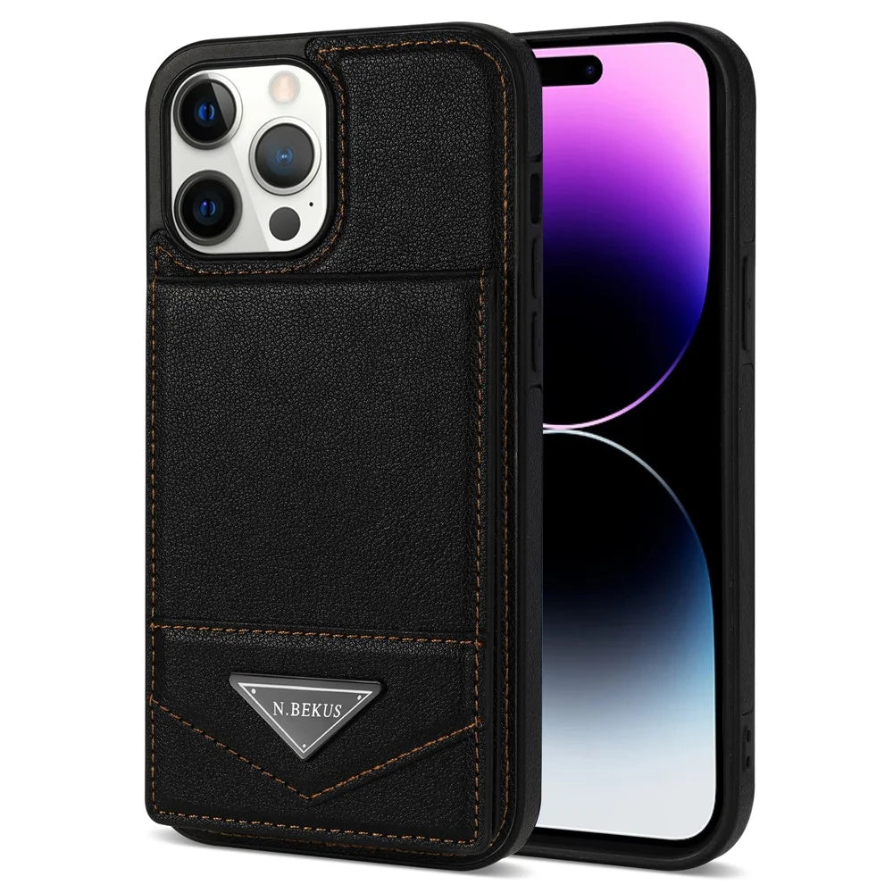 N.BEKUS For iPhone 16 Pro Max Kickstand Case Leather+TPU Card Slot Phone Cover - Black - 1