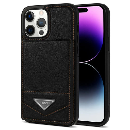 N.BEKUS For iPhone 16 Pro Max Kickstand Case Leather+TPU Card Slot Phone Cover - Black - 1