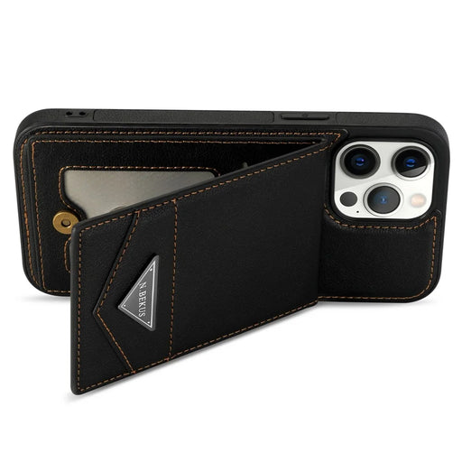 N.BEKUS For iPhone 16 Pro Max Kickstand Case Leather+TPU Card Slot Phone Cover - Black - 2