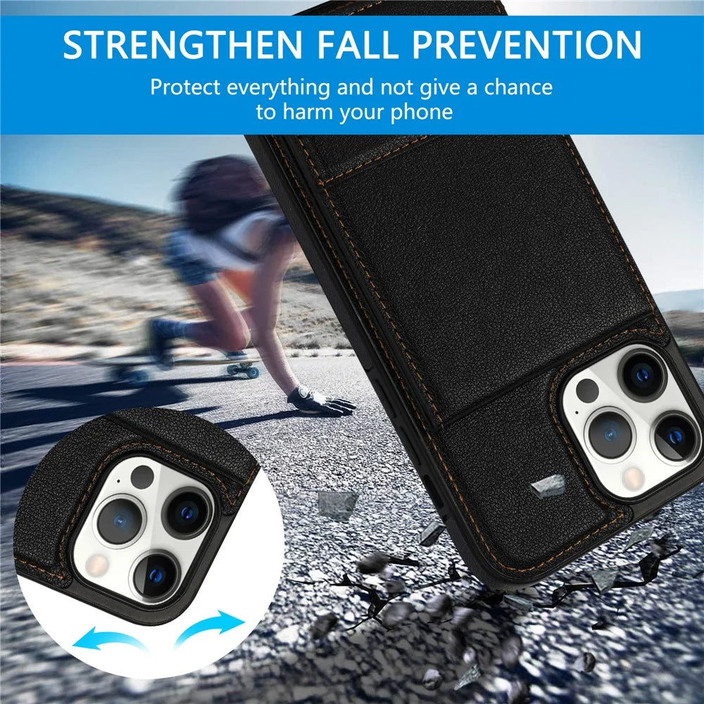 N.BEKUS For iPhone 16 Pro Max Kickstand Case Leather+TPU Card Slot Phone Cover - Black - 5