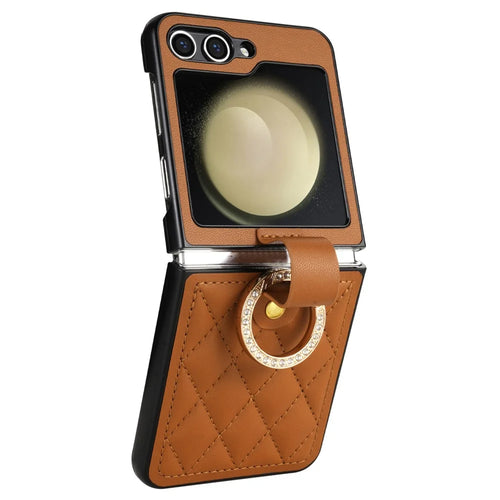 CSJ-P2 For Samsung Galaxy Z Flip7 FE 5G / Z Flip6 5G / Z Flip5 5G Case Stitching Leather Phone Cover Ring Kickstand - Brown - 1
