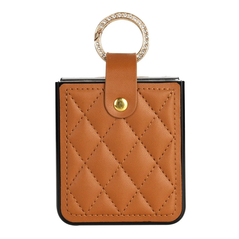 CSJ-P2 For Samsung Galaxy Z Flip7 FE 5G / Z Flip6 5G / Z Flip5 5G Case Stitching Leather Phone Cover Ring Kickstand - Brown - 5