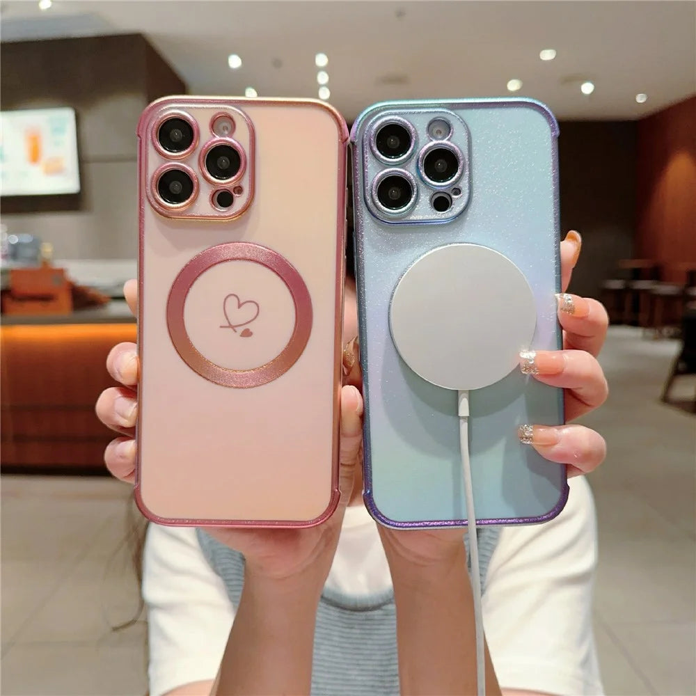 For iPhone 16 Pro Max Magnetic Case Soft TPU Phone Cover Love Heart Pattern Iridescent Gradient - Colorful Blue - 4