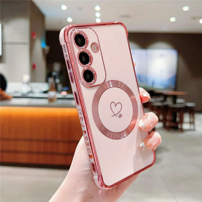 For Samsung Galaxy S24 Magnetic Case Love Hearts Pattern Soft TPU Phone Cover - Rose Pink - 1