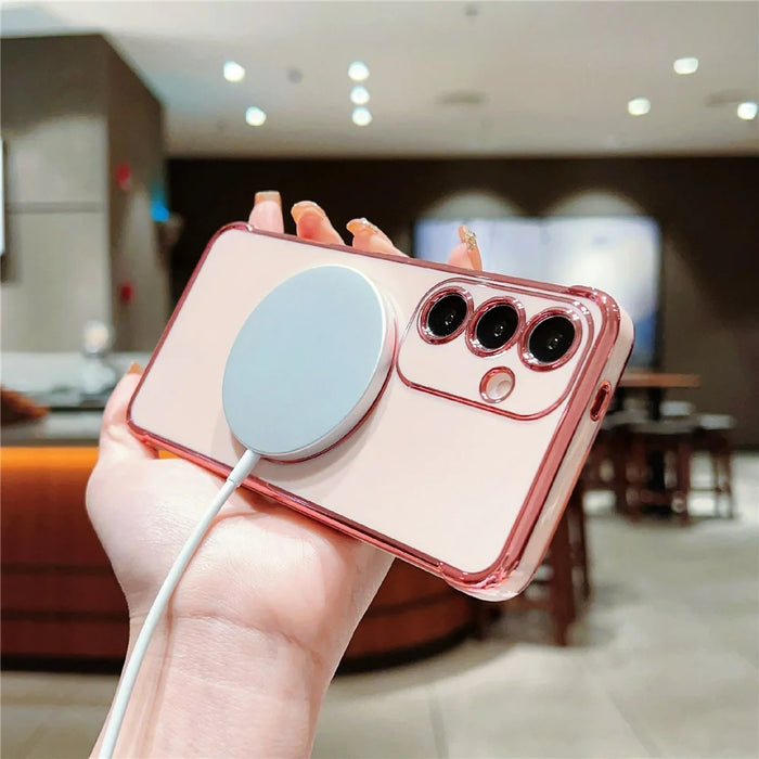 For Samsung Galaxy S24 Magnetic Case Love Hearts Pattern Soft TPU Phone Cover - Rose Pink - 3