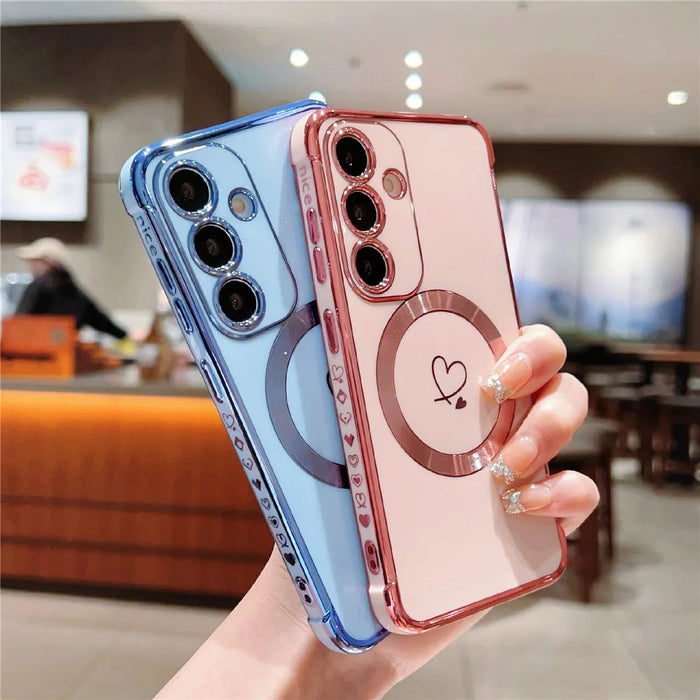 For Samsung Galaxy S24 Magnetic Case Love Hearts Pattern Soft TPU Phone Cover - Rose Pink - 5