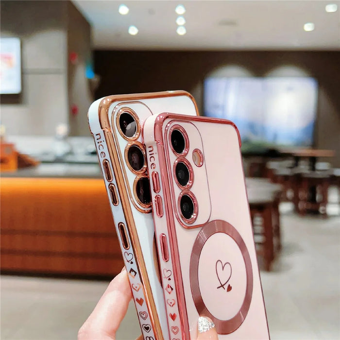 For Samsung Galaxy S24 Magnetic Case Love Hearts Pattern Soft TPU Phone Cover - Rose Pink - 7