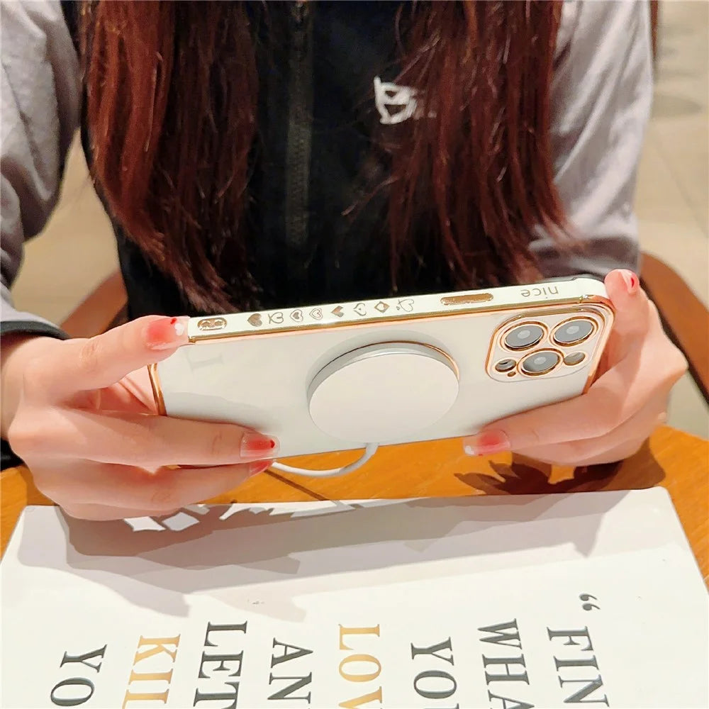 For iPhone 16 Pro Magnetic Case Slim Thin Flexible TPU Phone Cover with Love Hearts Pattern - Ivory White - 3