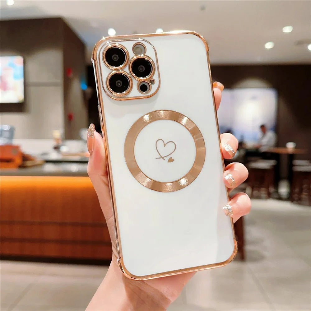 For iPhone 16 Pro Max Case Compatible with MagSafe Electroplated TPU Phone Cover Hollow Love Hearts - Ivory White - 2