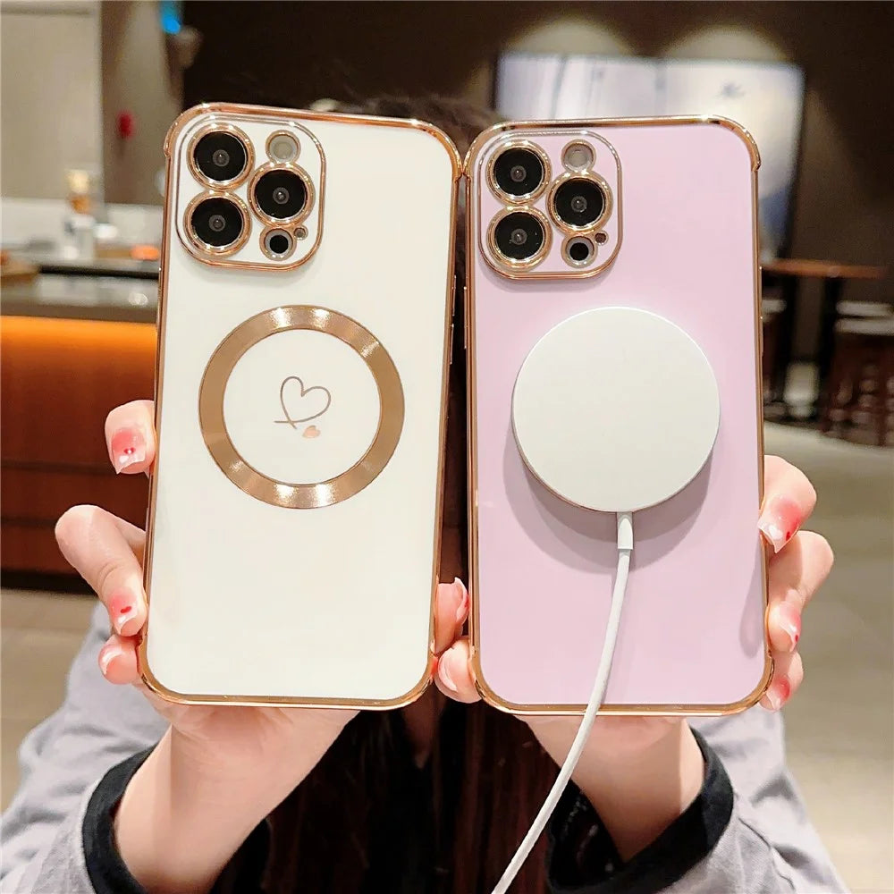 For iPhone 16 Pro Max Case Compatible with MagSafe Electroplated TPU Phone Cover Hollow Love Hearts - Ivory White - 4