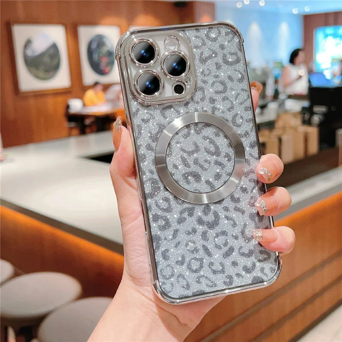 For iPhone 16 Pro Max Case Compatible with MagSafe TPU Phone Cover Glitter Leopard Print Pattern - Silver - 2