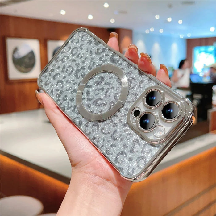 For iPhone 16 Pro Max Case Compatible with MagSafe TPU Phone Cover Glitter Leopard Print Pattern - Silver - 3