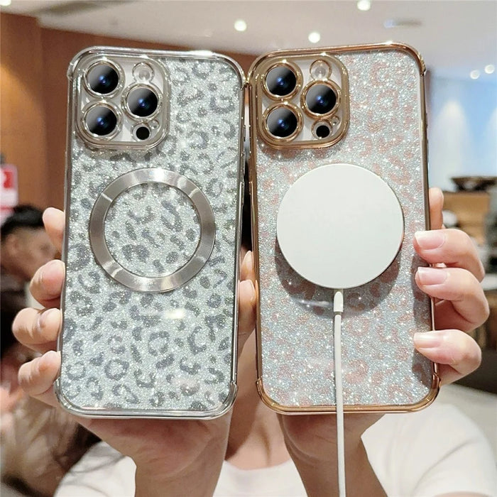 For iPhone 16 Pro Max Case Compatible with MagSafe TPU Phone Cover Glitter Leopard Print Pattern - Silver - 4