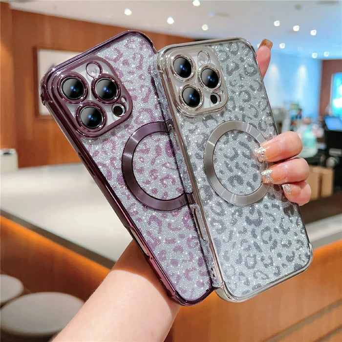 For iPhone 16 Pro Max Case Compatible with MagSafe TPU Phone Cover Glitter Leopard Print Pattern - Silver - 5