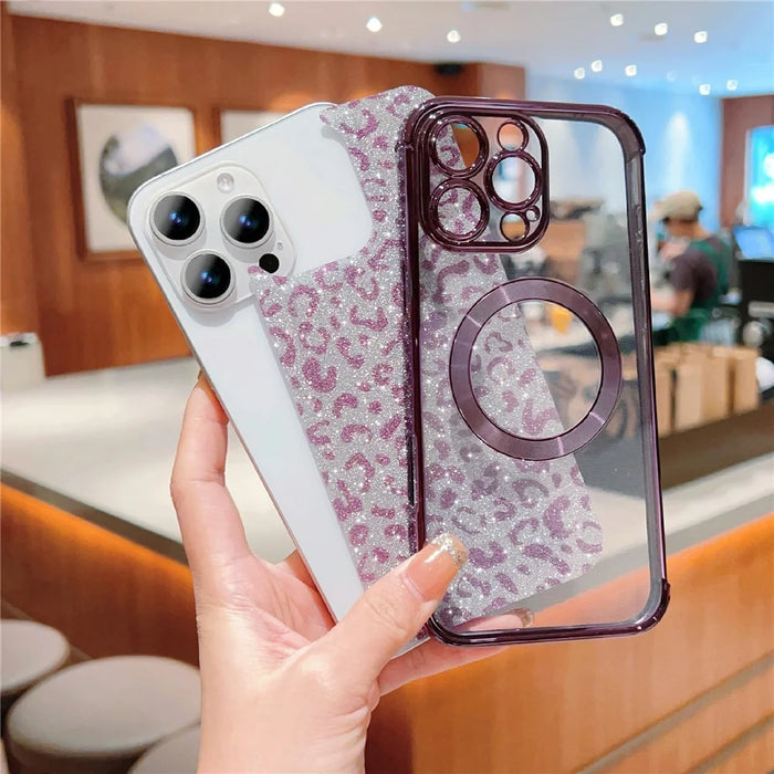 For iPhone 16 Pro Max Case Compatible with MagSafe TPU Phone Cover Glitter Leopard Print Pattern - Silver - 6