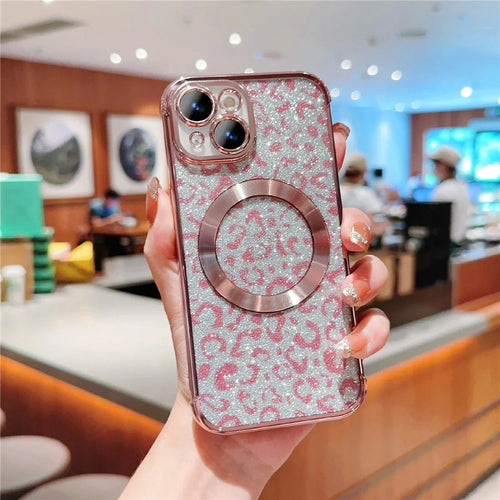 For iPhone 15 Case Compatible with MagSafe Bling Glitter Leopard Print TPU Clear Phone Cover - Rose Pink - 1
