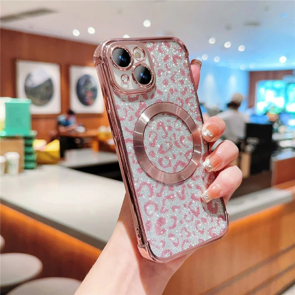 For iPhone 15 Case Compatible with MagSafe Bling Glitter Leopard Print TPU Clear Phone Cover - Rose Pink - 2