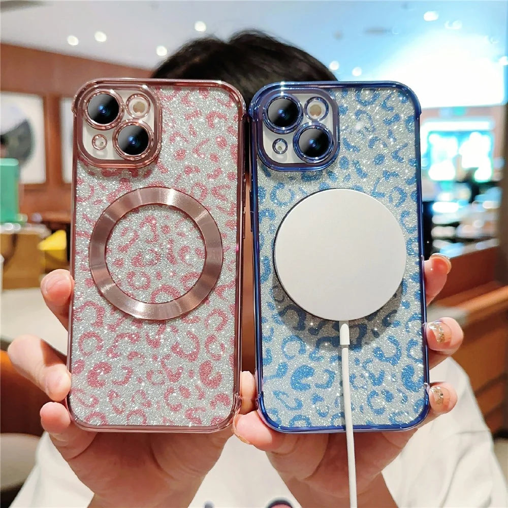 For iPhone 15 Case Compatible with MagSafe Bling Glitter Leopard Print TPU Clear Phone Cover - Rose Pink - 3