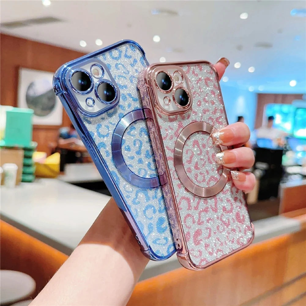 For iPhone 15 Case Compatible with MagSafe Bling Glitter Leopard Print TPU Clear Phone Cover - Rose Pink - 4