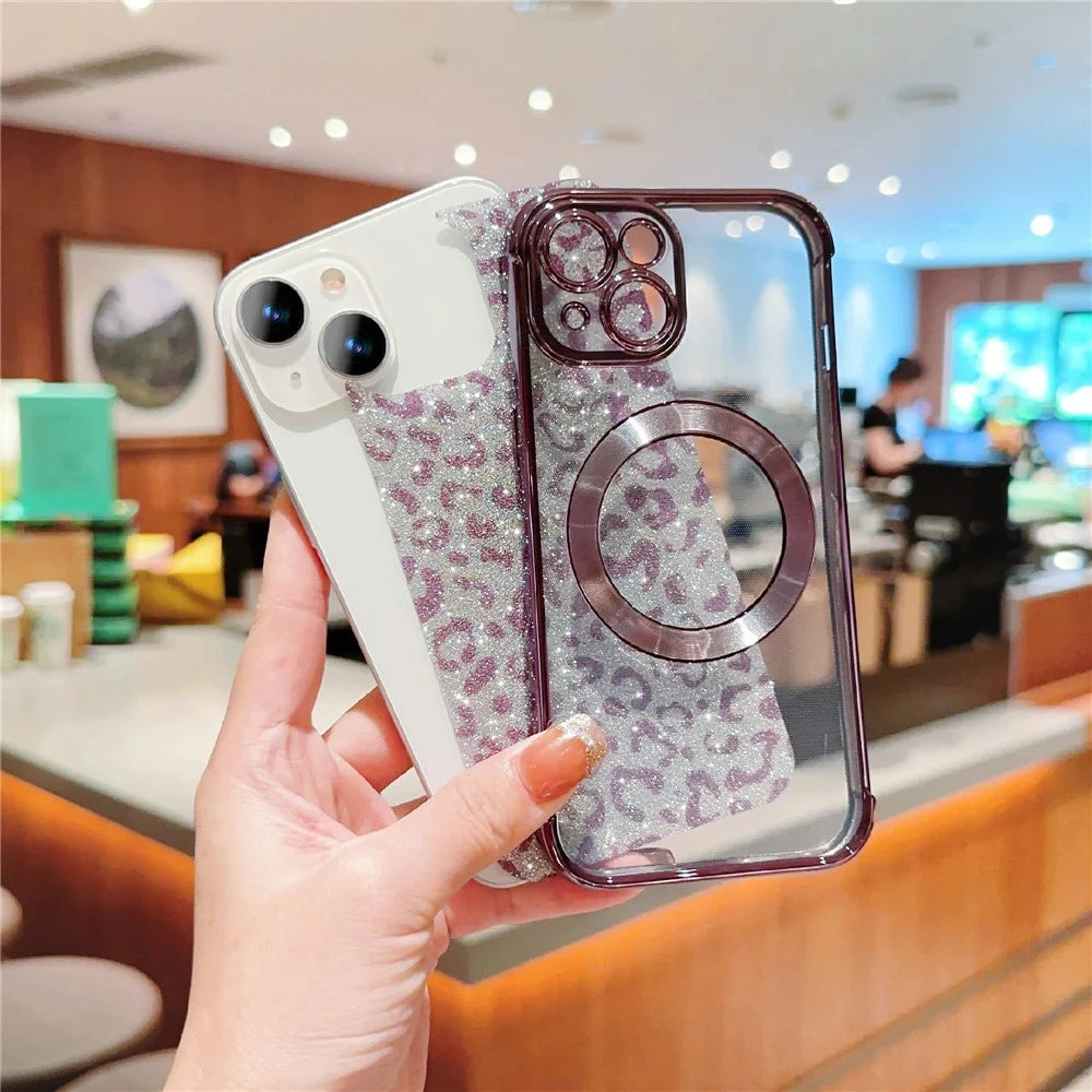 For iPhone 15 Case Compatible with MagSafe Bling Glitter Leopard Print TPU Clear Phone Cover - Rose Pink - 5